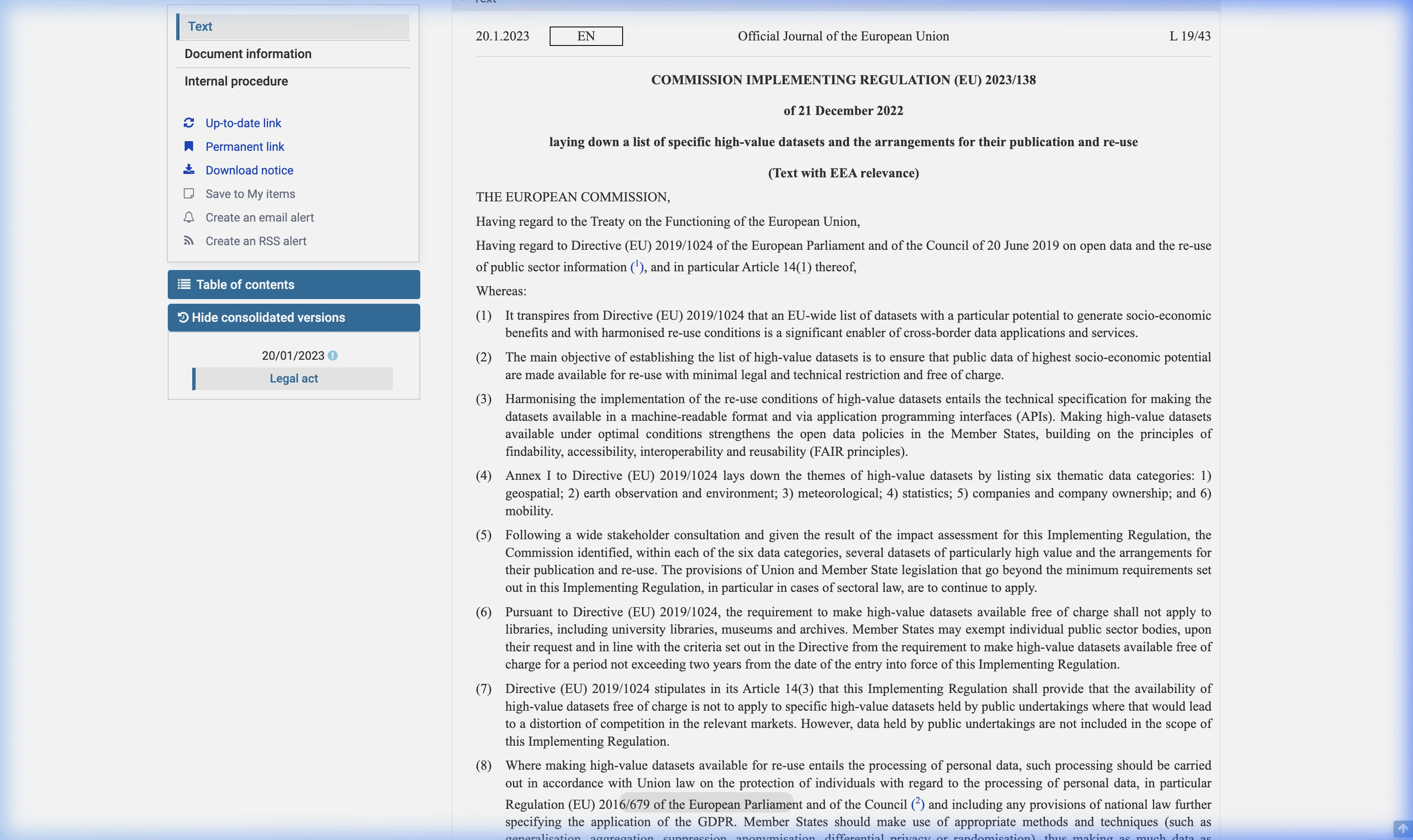 Screenshot of the Official Journal of the European Union displaying Regulation EU 2023/138 on high-value datasets