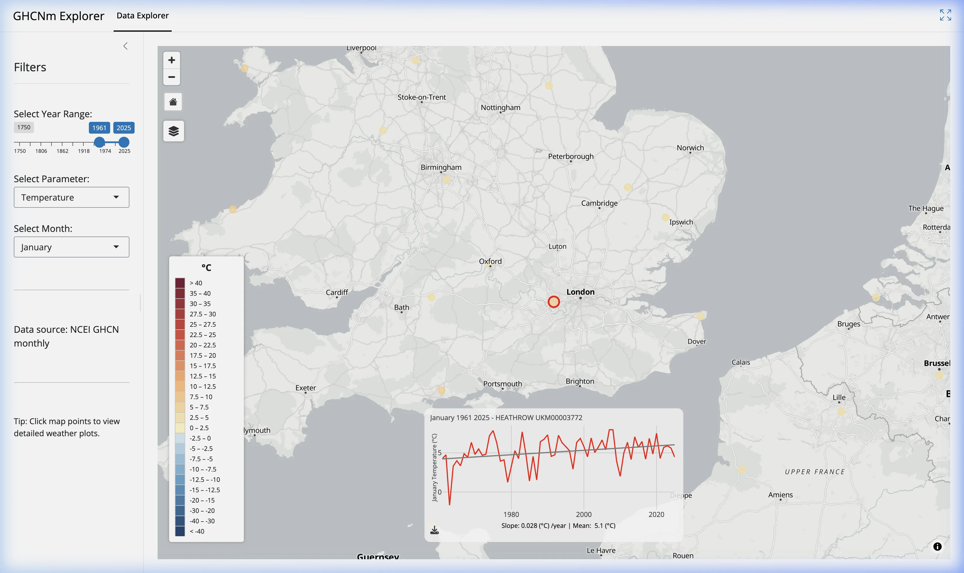 Screenshot of the GHCNm Explorer showing a winter warming trend for London Heathrow in January