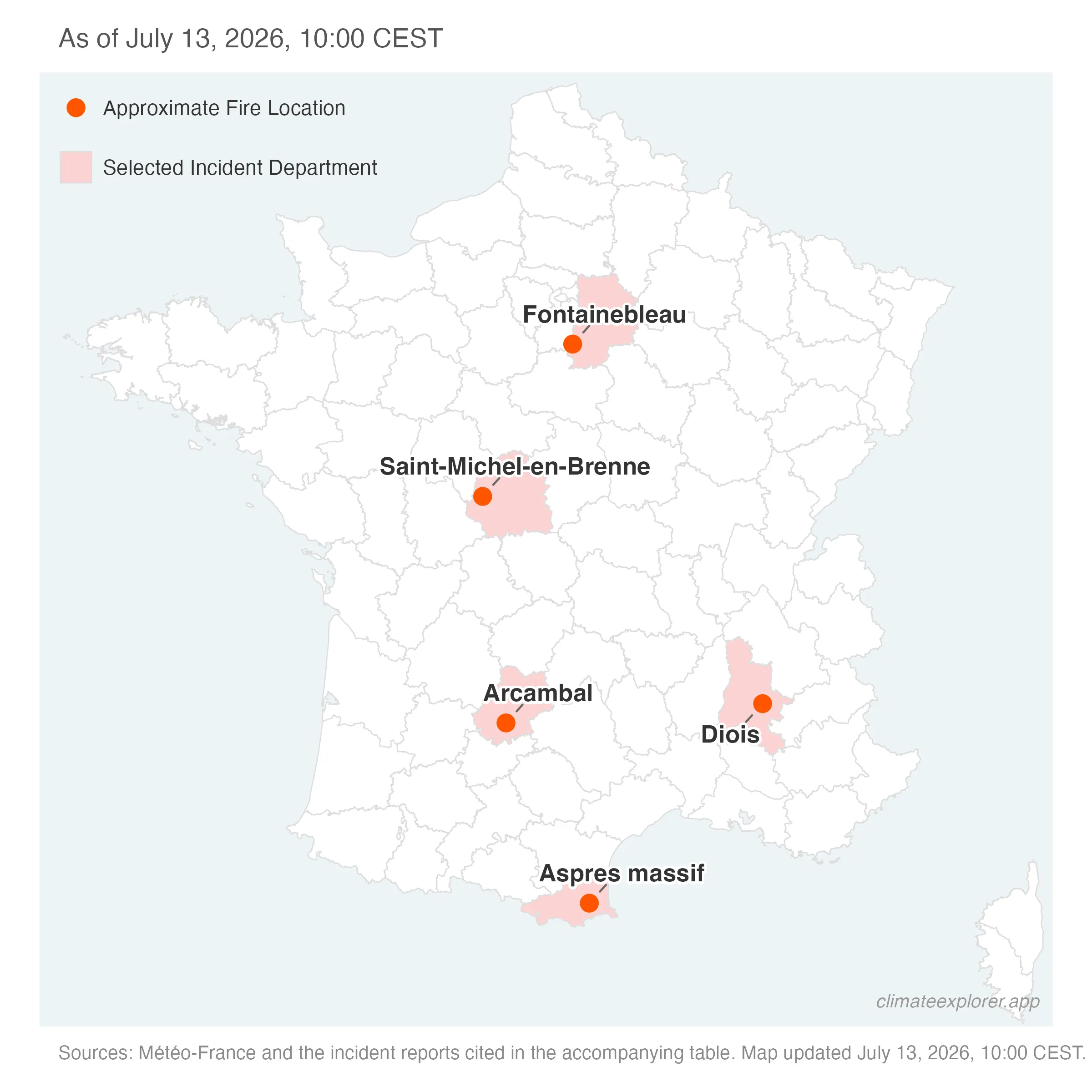 Map of France with approximate locations of the Aspres massif, Diois, Saint-Michel-en-Brenne, Arcambal and Fontainebleau wildfire incidents reported through July 13, 2026.