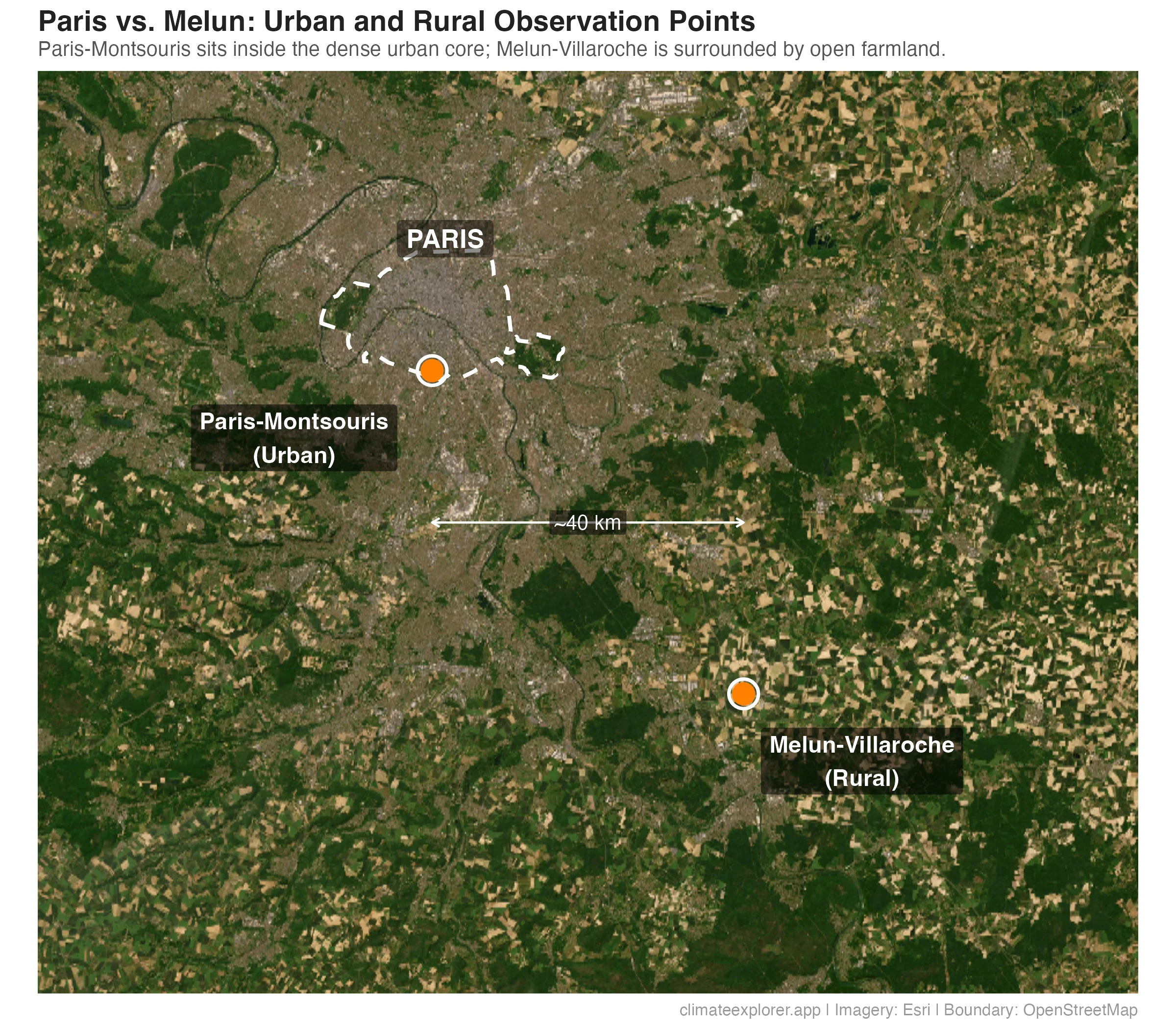 Map of northern France highlighting the dense urban core of Paris-Montsouris compared to the rural station of Melun-Villaroche.