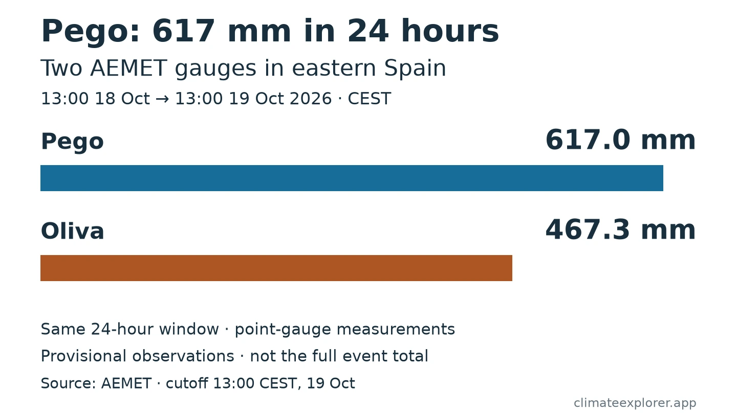 Two horizontal bars compare provisional rainfall at AEMET gauges from 13:00 CEST on 18 October to 13:00 CEST on 19 October 2026: Pego 617.0 mm and Oliva 467.3 mm. These are point-gauge totals for the selected 24 hours.