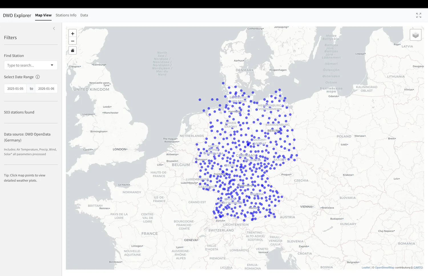 DWD explorer map view with German station markers
