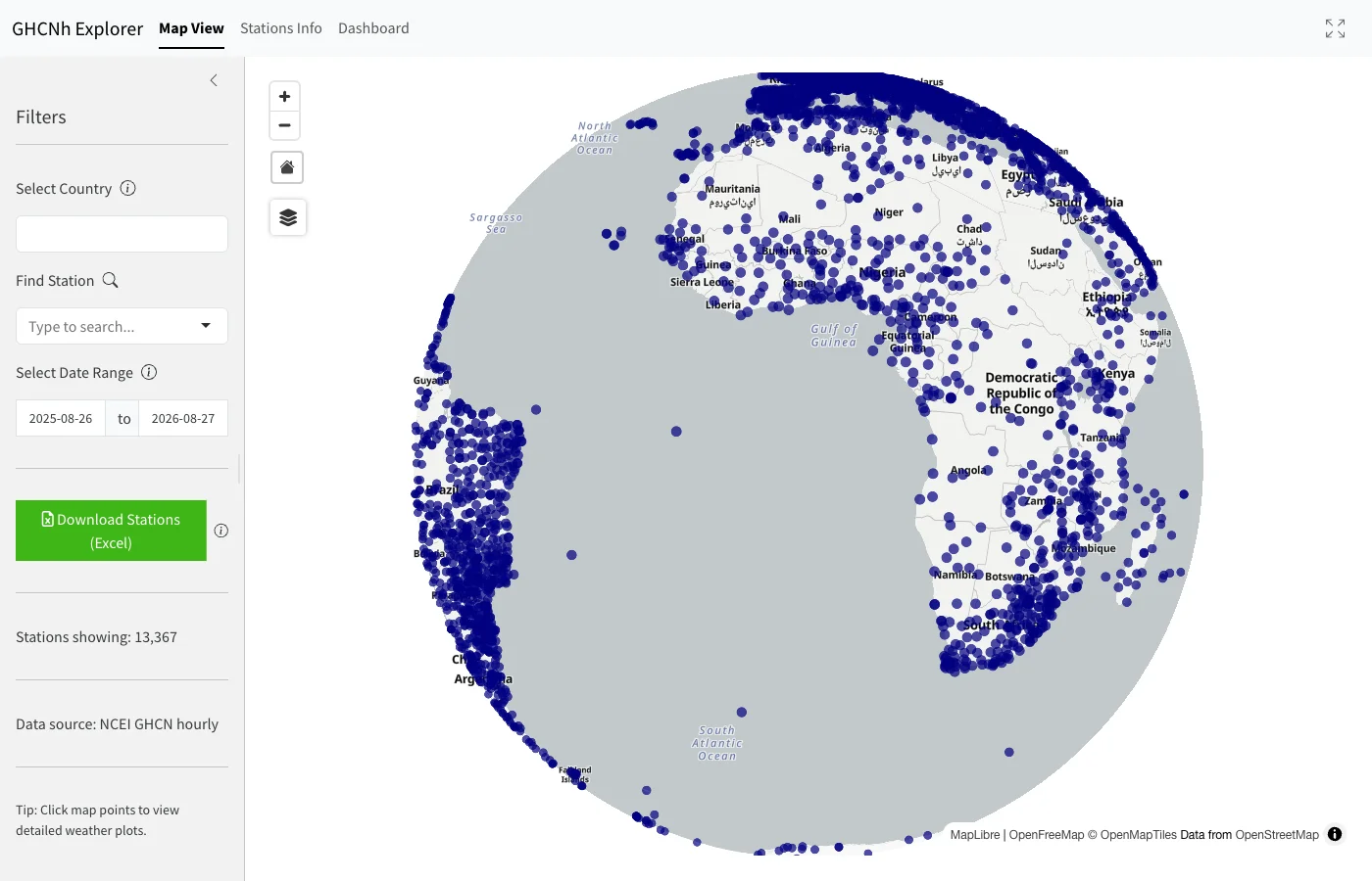 Current GHCNh Explorer map with country, station, date-range and station-list download controls beside the global station network