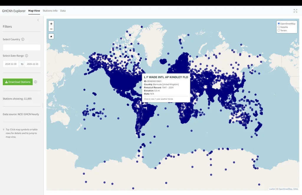 GHCNh explorer global map view with station markers