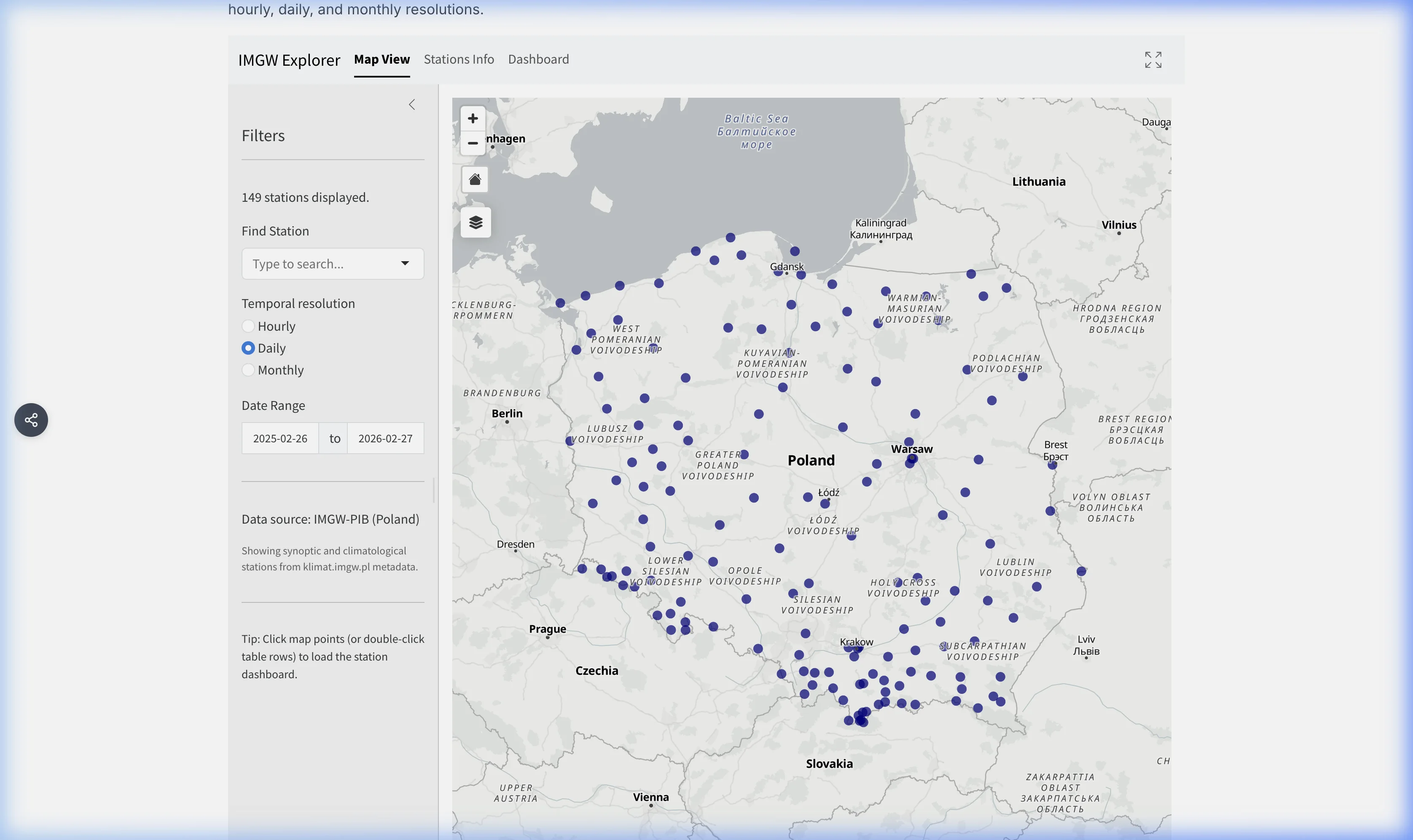 IMGW explorer map view with station markers in Poland