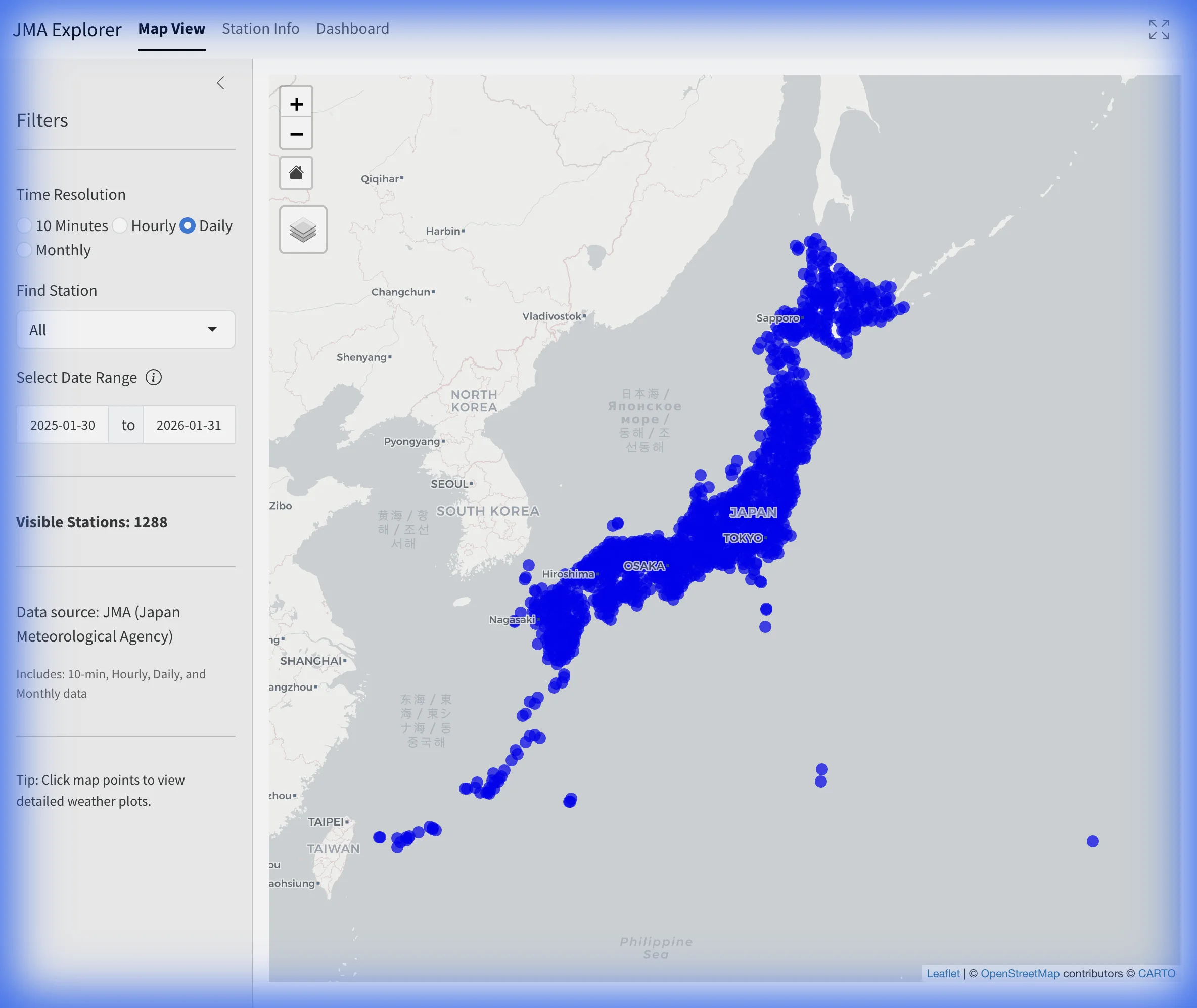 JMA explorer map view with Japanese station markers