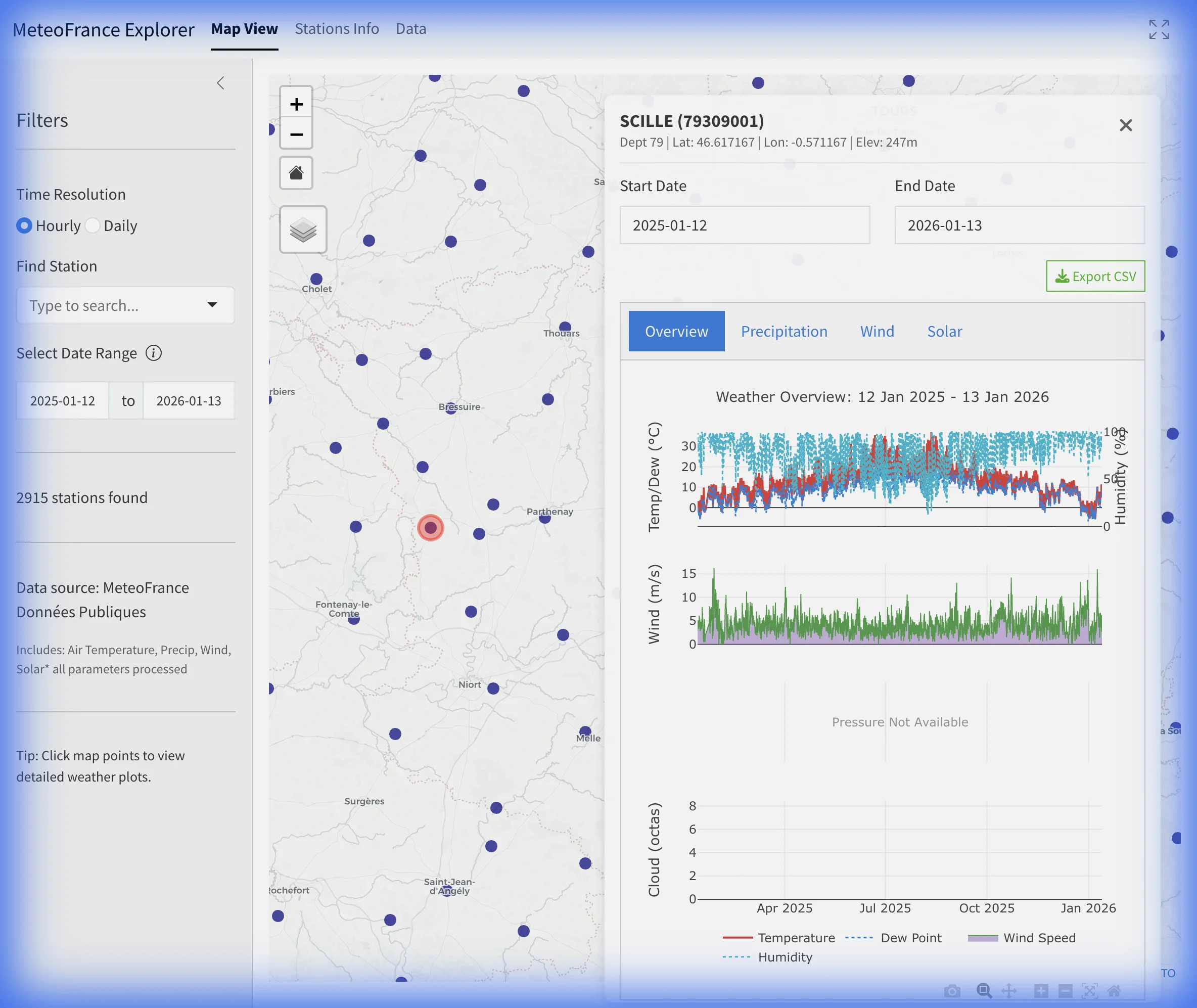Meteo-France explorer dashboard view with weather charts