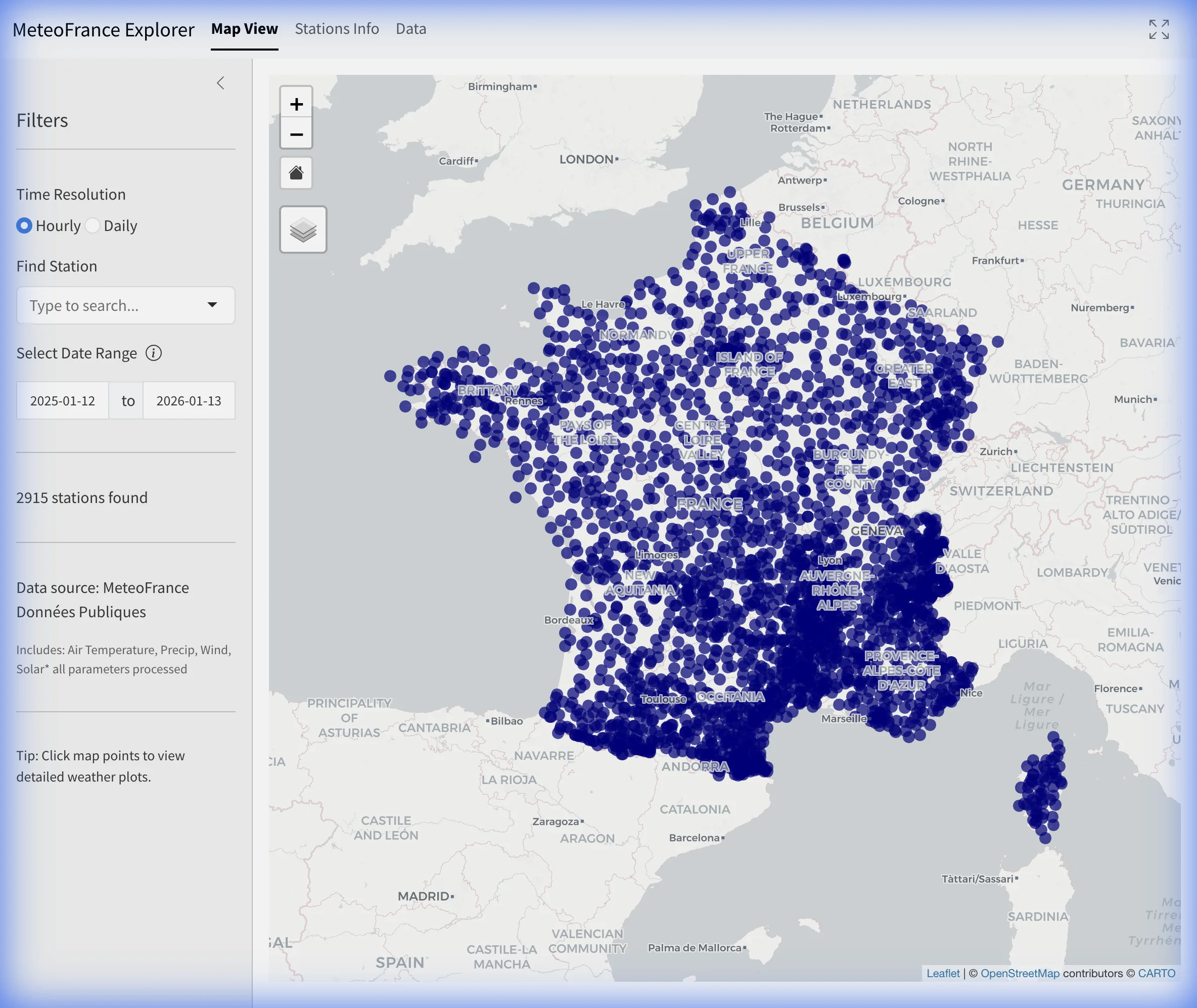 Meteo-France explorer map view with station markers across France