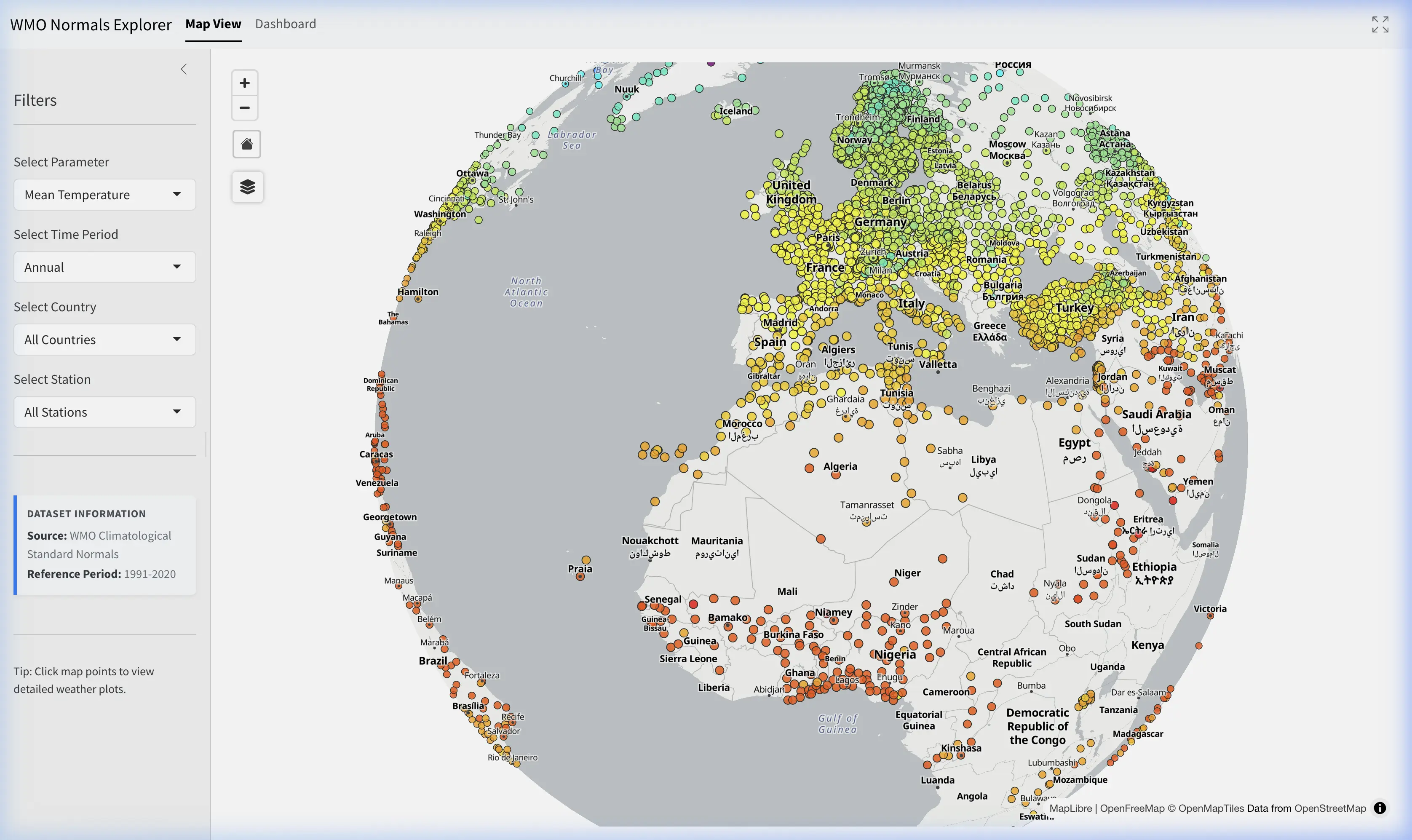 WMO normals explorer global map view with station markers